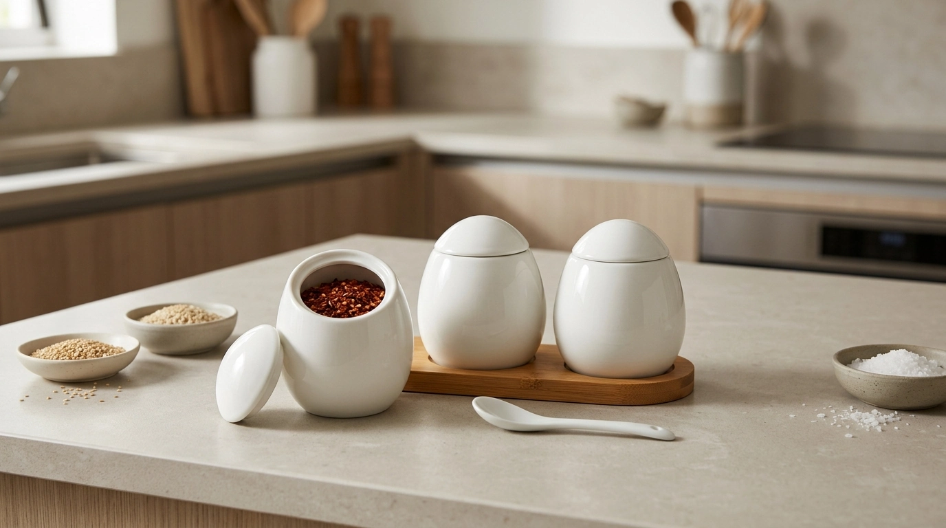 Egg-Shaped Korean Ceramic Spice Jars with Bamboo Base