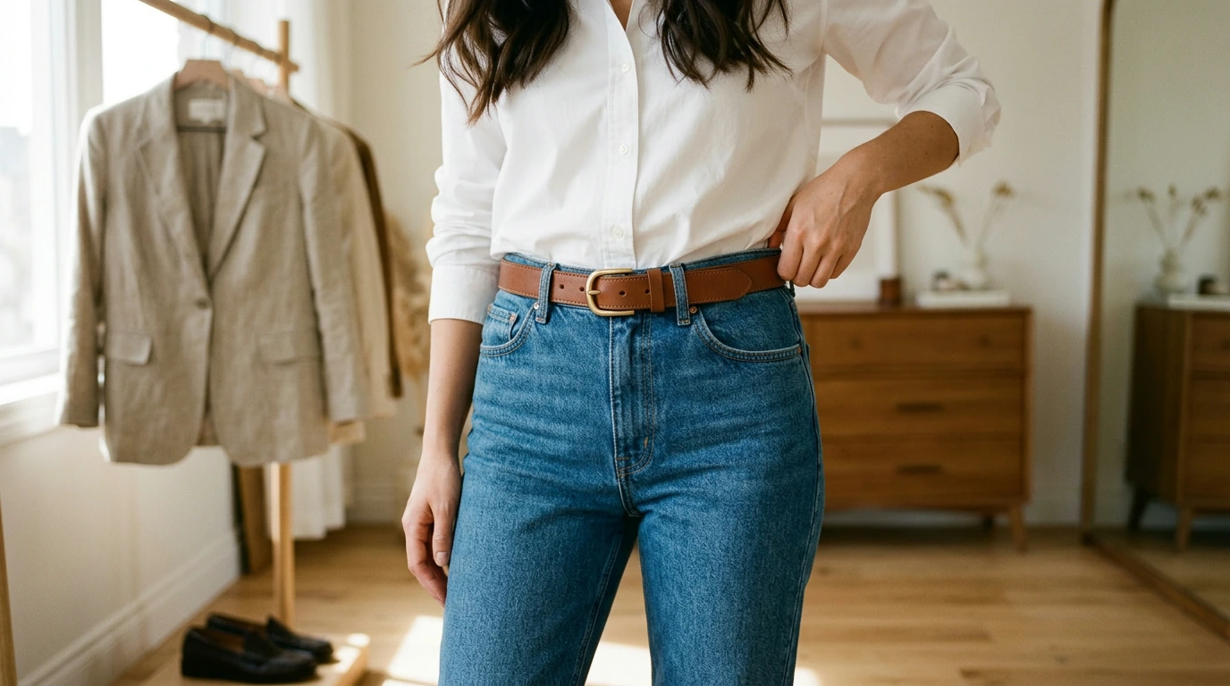 Slim Cowhide Leather Belt for Women (0.95 in) Brass Buckle