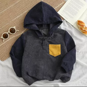 Boys’ Corduroy Pullover Hoodie: Warm, Neat, Handy Pocket